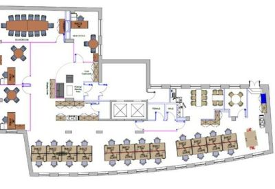 Overhead floor plan showing a professional office layout with meeting rooms and workstations.