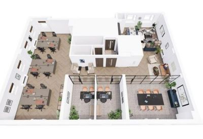 Top-down 3D floor plan showing the layout of desks, meeting rooms, and common areas.
