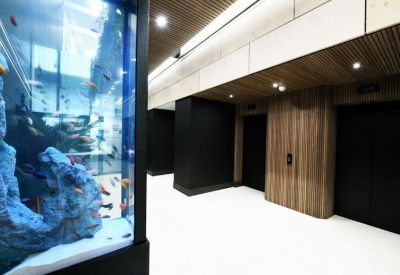 Modern building lobby with sleek white flooring and a large decorative aquarium.