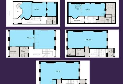 Technical floor plan diagrams showing layout and square footage.