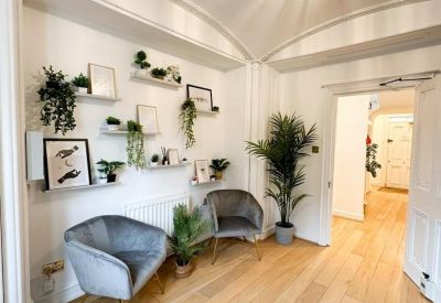 Cozy waiting area with two chairs and wall plants