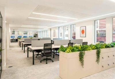 Open-plan workspace featuring long white desks and integrated greenery.
