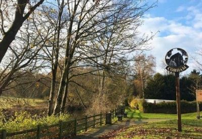 Parkland view near the entrance of 8 High Street, Cobham with mature trees and local signage.