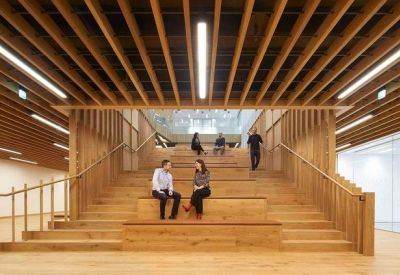 Large wooden tiered seating area with a slatted timber ceiling.
