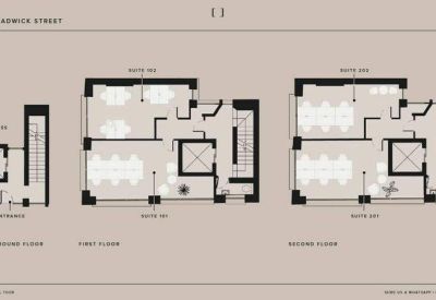 Floor plan diagrams showing the ground, first, and second floor layouts.