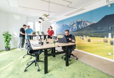 Modern office space with height-adjustable desks and a large Alpine wall graphic.