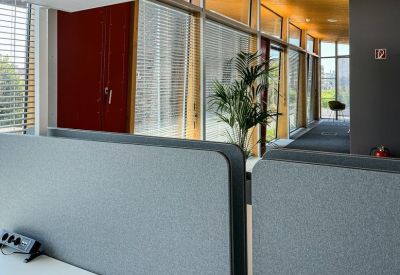 Modern open-plan office corridor with acoustic privacy screens and potted greenery.