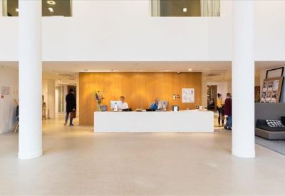 Bright white reception lobby with a long minimalist desk and wood panel feature wall.