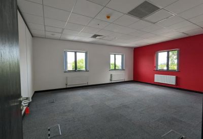 Spacious office room with grey carpeting and a red accent wall.