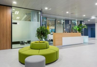 Bright reception area featuring a light wood desk, lime green circular lounge seating, and indoor plants.