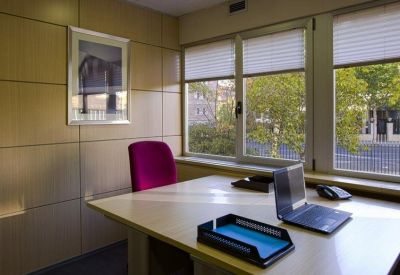 Private office featuring a white desk, a bright pink ergonomic chair, and a large window.