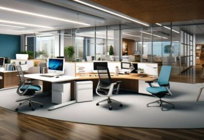 Modern open-plan office render featuring ergonomic chairs and blue accents.