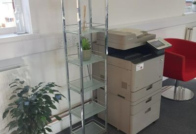 Breakout area with a tall shelving unit, potted plants, and a red armchair.