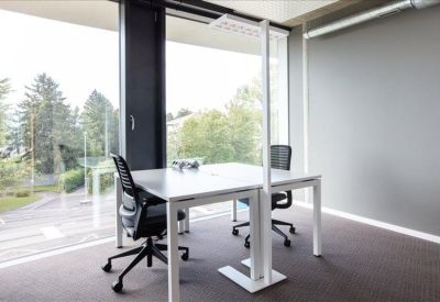 Bright private office with two white desks and views of greenery through large windows.