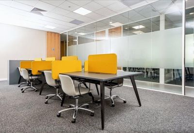 Coworking space with shared desks featuring yellow privacy dividers and ergonomic chairs.