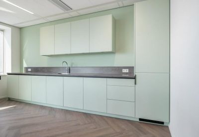Modern kitchenette with sage green cabinetry and dark countertops.
