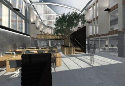 Open-plan office with wooden desks, ergonomic chairs, and an indoor tree feature.