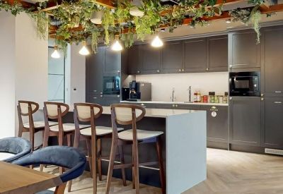 Modern communal kitchen area with grey cabinetry and hanging greenery.