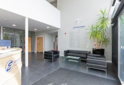 Bright reception lobby featuring black leather sofas and a large potted palm.