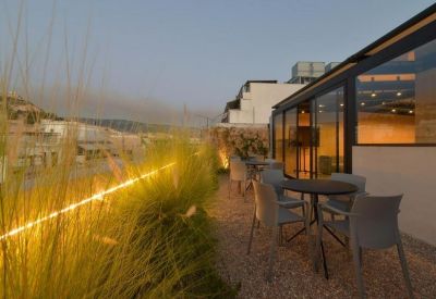 Roof terrace with outdoor tables and tall ornamental grasses at sunset.