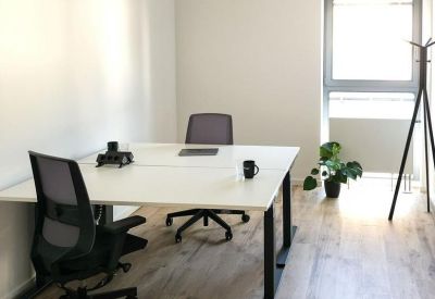 Bright private office featuring a white double desk, ergonomic chairs, and a potted plant.