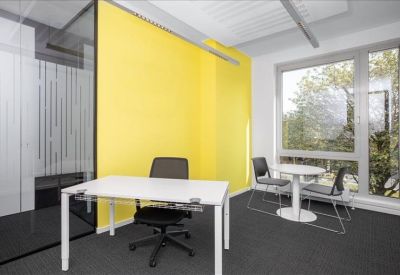 Private office with a vibrant yellow feature wall and desk overlooking a window.