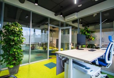 Small office space with vibrant green flooring and plants.