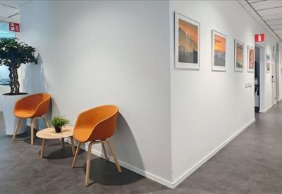 Sunlit reception desk with a white counter and wood-paneled feature wall.