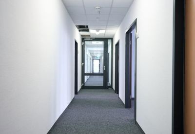 Clean, white office corridor with grey carpeting and several glass-paneled doors.