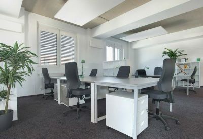 Open-plan office with grey desks, black chairs, and potted plants.