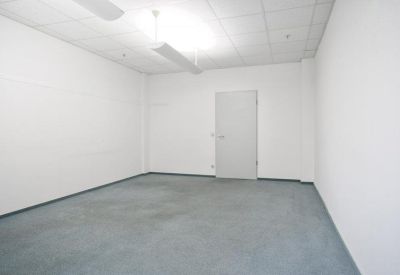 Empty private office room with white walls and blue carpet.
