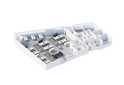 Isometric 3D floor plan showing office layout and meeting rooms.