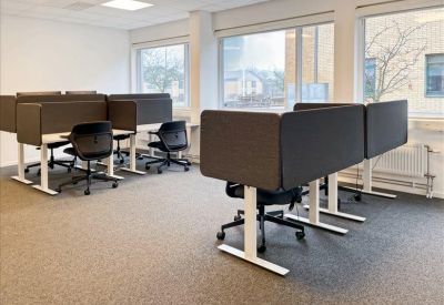 Open-plan office area featuring height-adjustable desks with grey acoustic privacy screens and ergonomic black chairs.