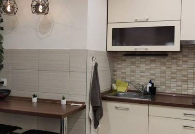 Modern communal kitchen area with wood countertops and a green plant feature wall.