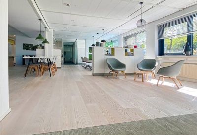 Spacious communal lounge with light wood floors, grey armchairs, and a green accent rug.