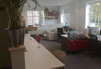 Bright open-plan office featuring long white desks and leafy indoor plants.