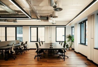 Open-plan office with wood floors, potted plants, and industrial ceilings.