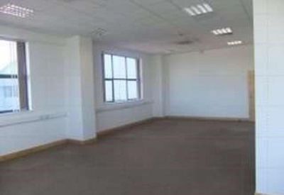 Spacious open-plan office suite with large windows and fluorescent grid lighting.