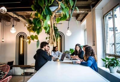 Coworking space with people working at a long white table surrounded by hanging plants.