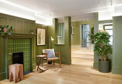 Lounge area with green wood paneling, a fireplace, wooden floors, and potted plants.