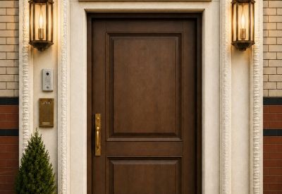 Elegant entrance door with gold detailing flanked by two classic lanterns and a potted topiary.