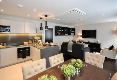 Modern open-plan kitchen and lounge area with sleek cabinetry and soft seating.