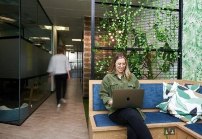 Bright communal lounge featuring a blue cushioned bench, colorful pillows, and a lush plant wall.