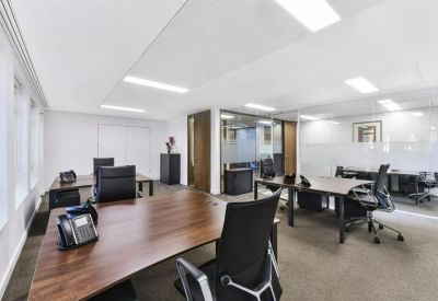 Bright open-plan office suite with dark wood desks and ergonomic black chairs.