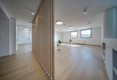 Spacious open area with light wood floors, a vertical slat room divider, and recessed lighting.