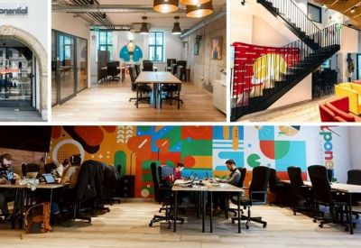 Collage of the modern office entrance and vibrant common areas at 16 Bulevardul 21 Decembrie 1989.