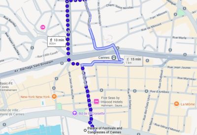 Map showing the location and nearby walking routes in Cannes.