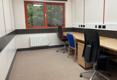 Office workspace with wooden desks, a mix of blue and black chairs, and a window view of trees.