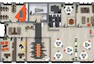 Colorful open-plan workspace at 186 Regent Street with vibrant breakout areas and modern workstations.
