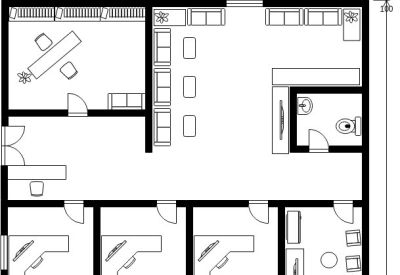 Detailed floor plan showing a large private office, lounge area, and four individual workstations.